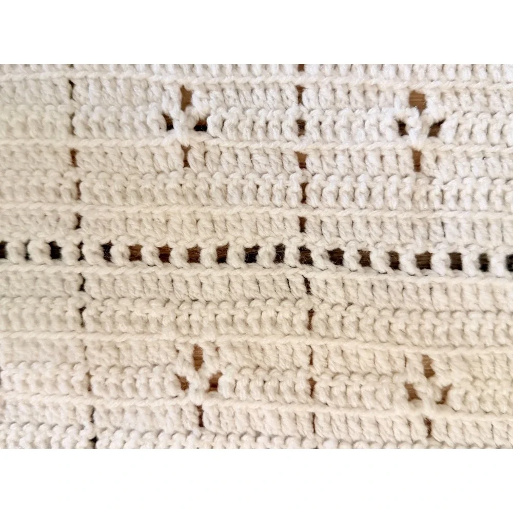 Handmade Crochet Baby Blanket Cream Off White Eyelet Knit Look Scalloped Border